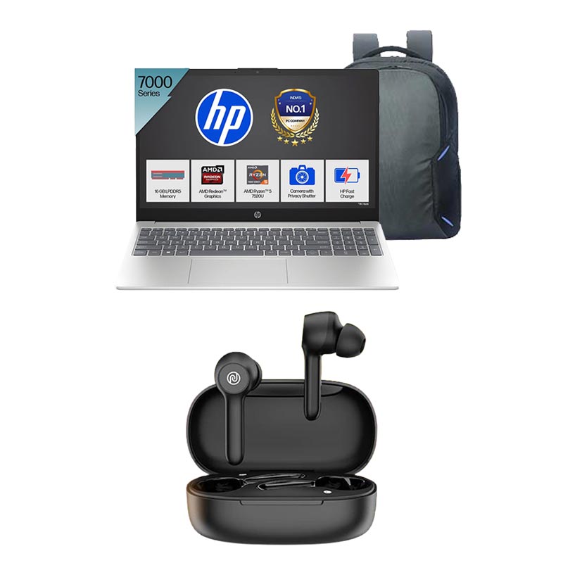 Picture of HP - AMD Ryzen 5-7520U 15.6" (39.6 cm) 15-fc0690AU Thin & Light Laptop (16GB/ 512GB SSD/ Full HD Display/ AMD Radeon Graphics/ Anti-Glare/ Camera Privacy Shutter/ Backlit Keyboard/ Windows 11 Home/ MS Office 2024/ 1Year Warranty/  Natural silver/ 1.59 kg) with Laptop Bag + Noise Buds VS201 V3 in-Ear Truly Wireless Earbuds